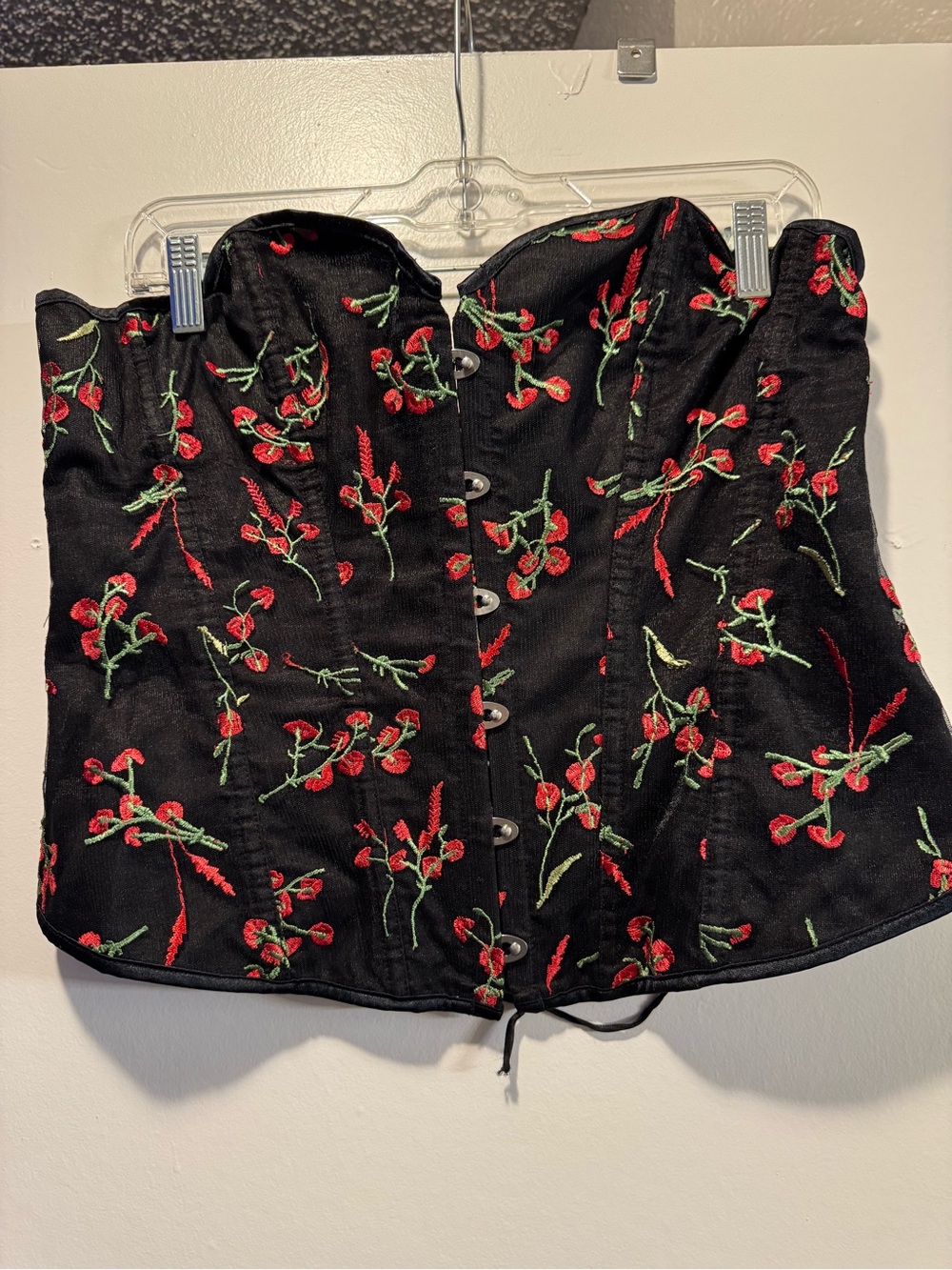 Black Embroidered Floral Corset Top - Red & Green Flowers